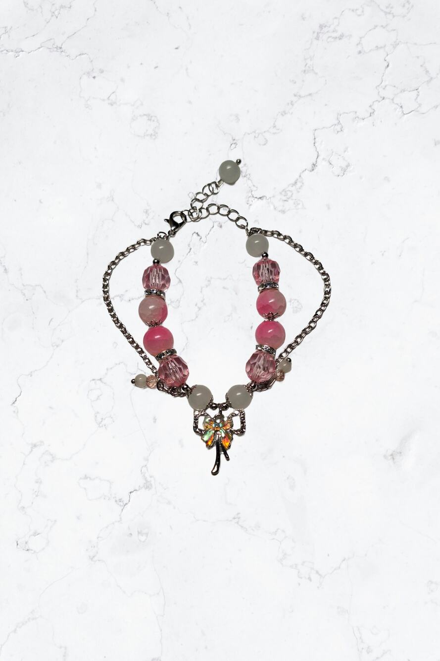 Pink Glass Bow Layered Charm Bracelet